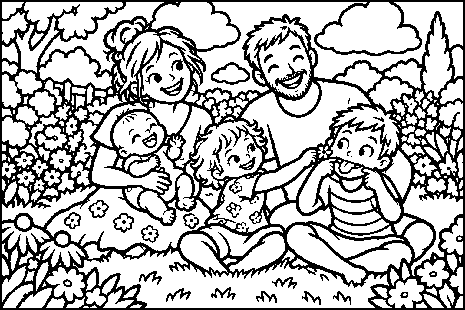 La même scène en coloriage : contours noirs sur fond blanc.